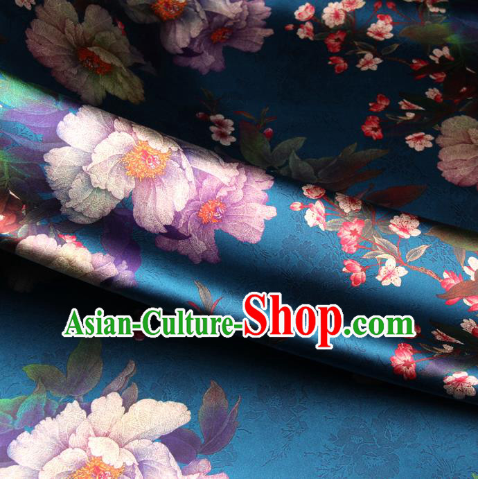 Chinese Traditional Classical Plum Peony Pattern Blue Brocade Damask Asian Satin Drapery Silk Fabric