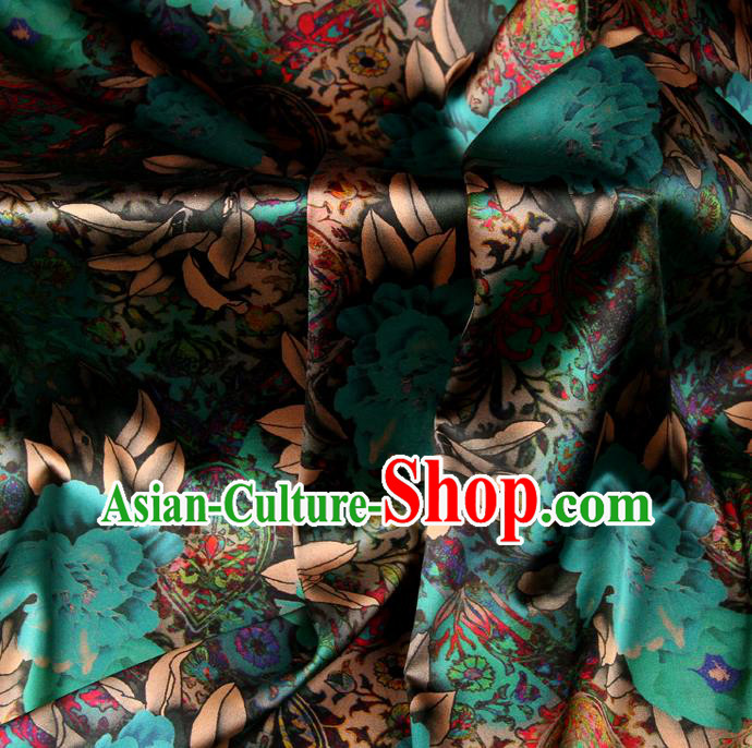 Chinese Traditional Classical Peony Pattern Green Brocade Damask Asian Satin Drapery Silk Fabric