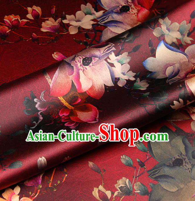 Chinese Traditional Classical Lotus Flowers Pattern Red Brocade Damask Asian Satin Drapery Silk Fabric