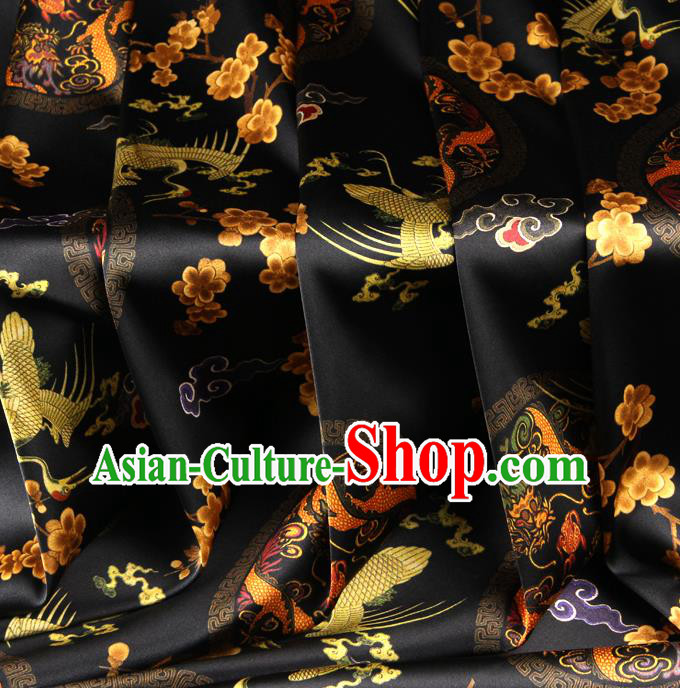 Chinese Traditional Classical Crane Dragon Pattern Black Brocade Damask Asian Satin Drapery Silk Fabric