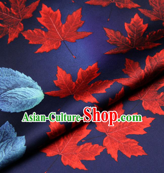 Chinese Traditional Classical Maple Leaf Pattern Deep Blue Brocade Damask Asian Satin Drapery Silk Fabric