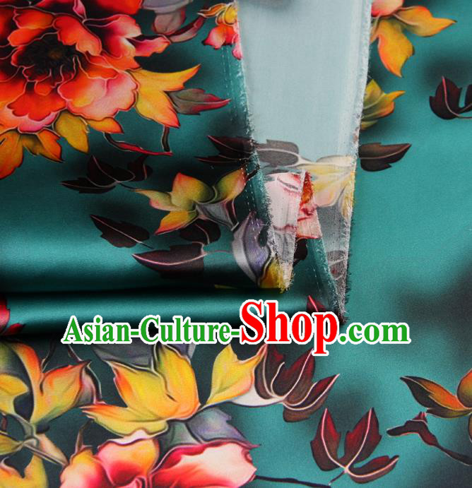 Chinese Traditional Classical Peony Pattern Green Brocade Damask Asian Satin Drapery Silk Fabric