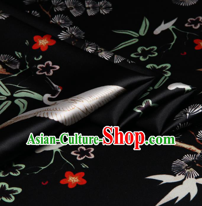 Chinese Traditional Classical Crane Pattern Black Brocade Damask Asian Satin Drapery Silk Fabric