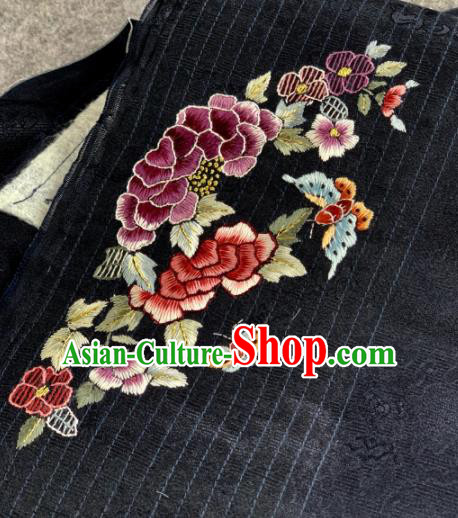 Traditional Chinese Black Satin Classical Embroidered Peony Butterfly Pattern Design Brocade Fabric Asian Silk Fabric Material