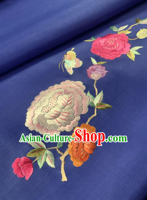 Traditional Chinese Blue Satin Classical Embroidered Peony Pattern Design Brocade Fabric Asian Silk Fabric Material