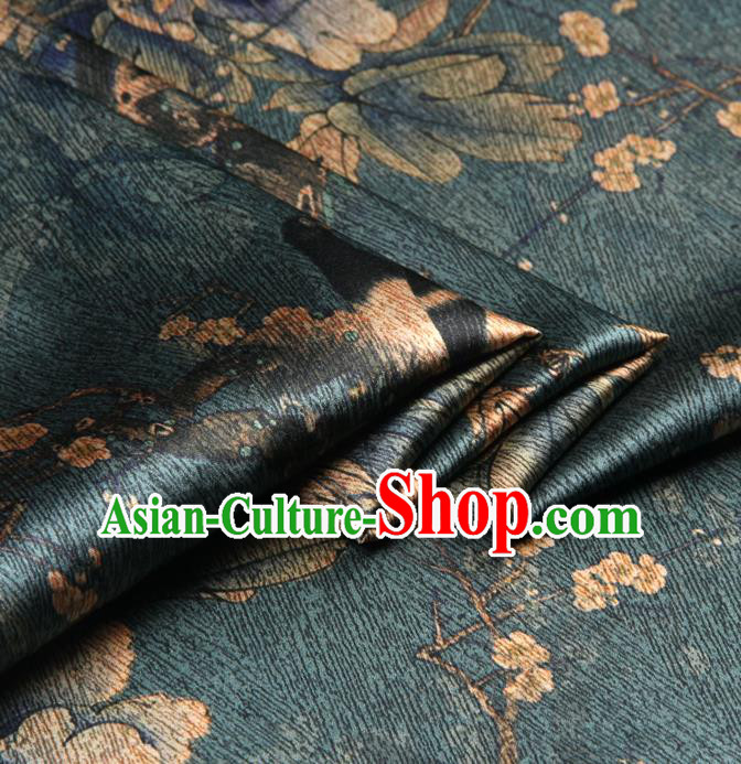 Chinese Traditional Classical Peony Plum Pattern Deep Green Brocade Damask Asian Satin Drapery Silk Fabric