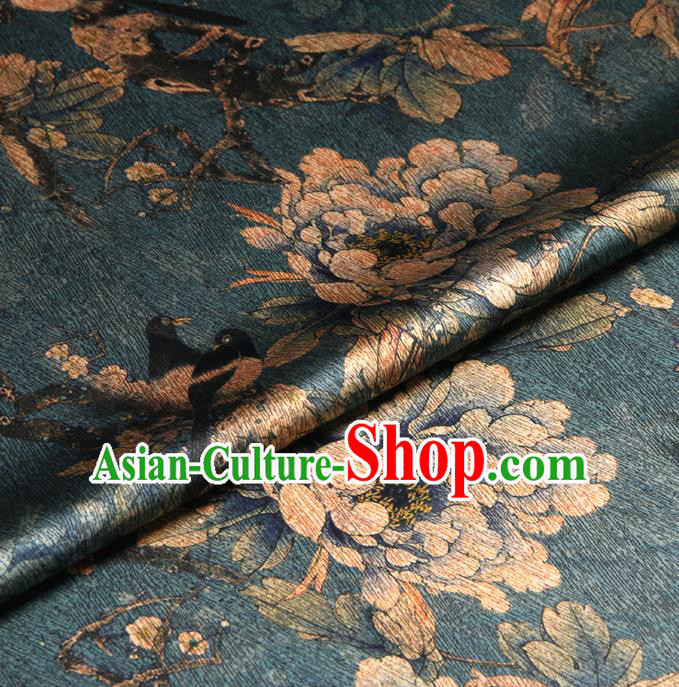 Chinese Traditional Classical Peony Plum Pattern Deep Green Brocade Damask Asian Satin Drapery Silk Fabric