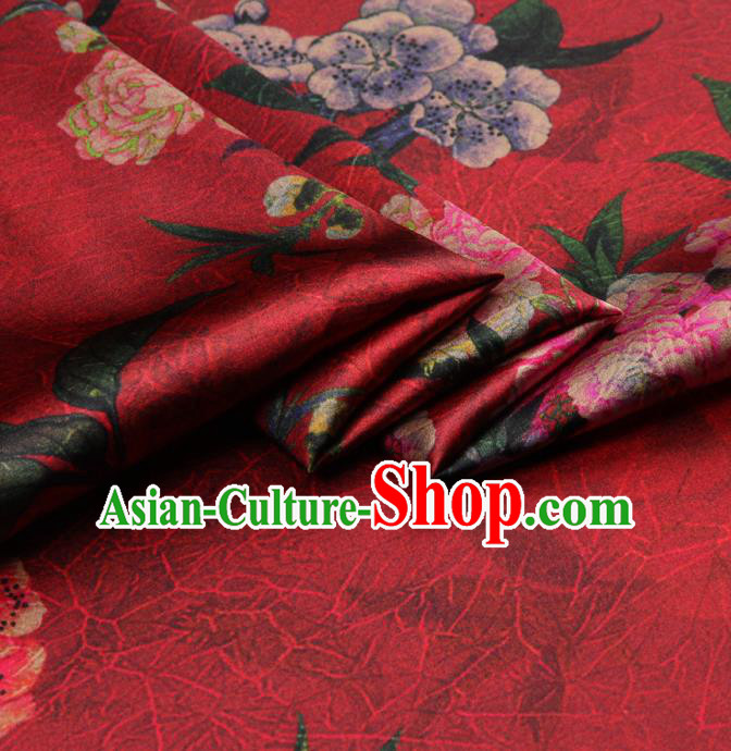 Chinese Traditional Classical Peach Blossom Pattern Red Brocade Damask Asian Satin Drapery Silk Fabric