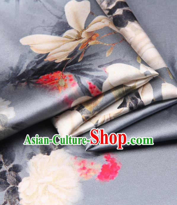 Chinese Traditional Classical Yulan Magnolia Pattern Grey Brocade Damask Asian Satin Drapery Silk Fabric