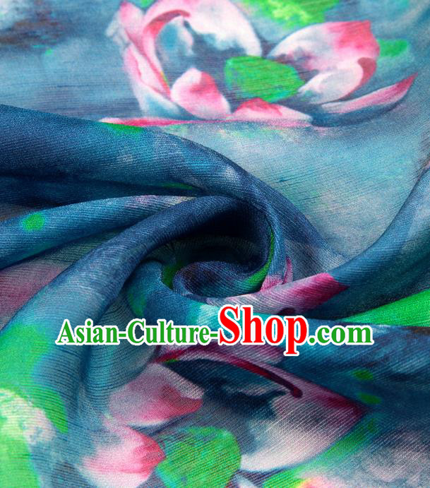 Chinese Traditional Classical Lotus Pattern Blue Brocade Damask Asian Satin Drapery Silk Fabric