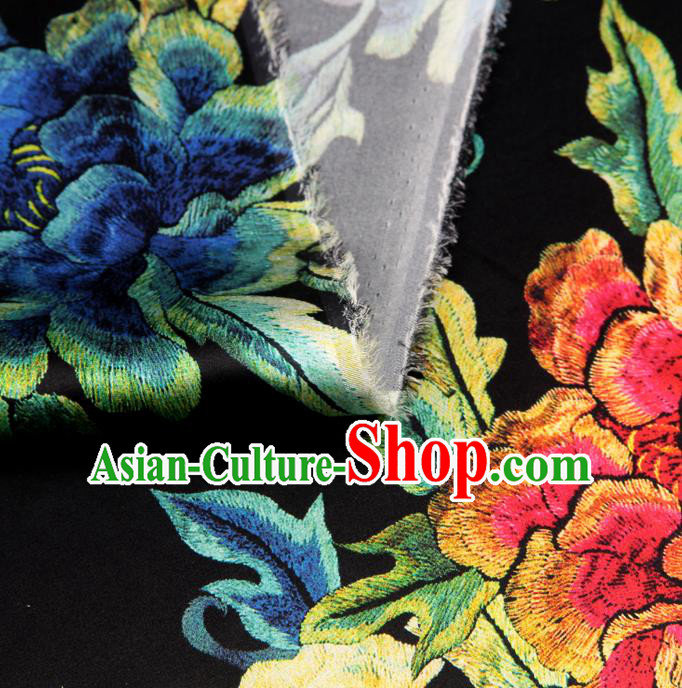 Chinese Traditional Classical Peony Pattern Black Brocade Damask Asian Satin Drapery Silk Fabric