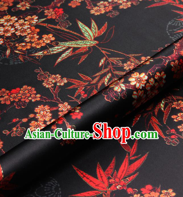 Chinese Traditional Classical Bamboo Plum Pattern Black Brocade Damask Asian Satin Drapery Silk Fabric