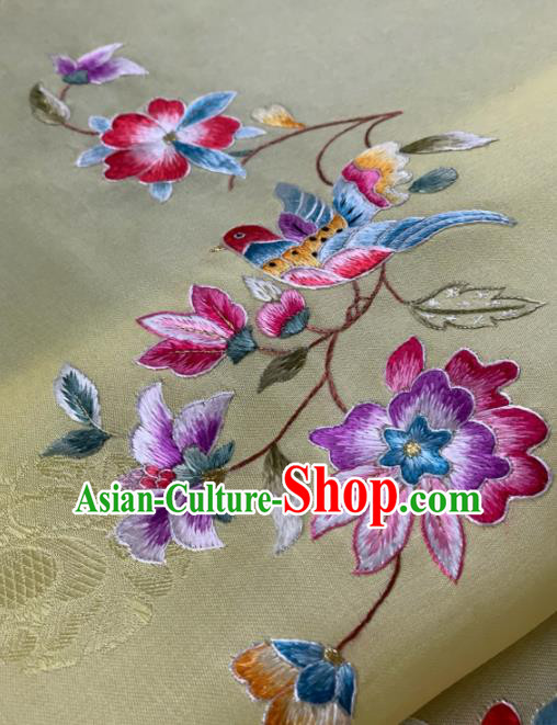 Traditional Chinese Satin Classical Embroidered Flower Bird Pattern Design Yellow Brocade Fabric Asian Silk Fabric Material