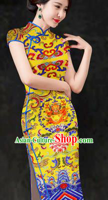 Chinese Traditional Classical Dragon Pattern Yellow Brocade Damask Asian Satin Drapery Silk Fabric