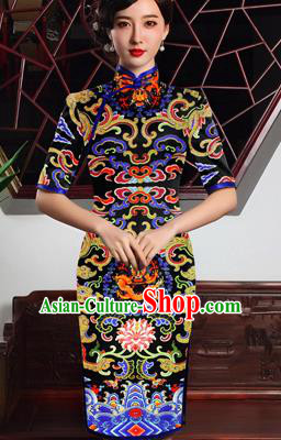 Chinese Traditional Classical Dragon Pattern Black Brocade Damask Asian Satin Drapery Silk Fabric
