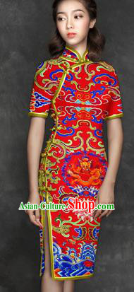 Chinese Traditional Classical Dragon Pattern Red Brocade Damask Asian Satin Drapery Silk Fabric