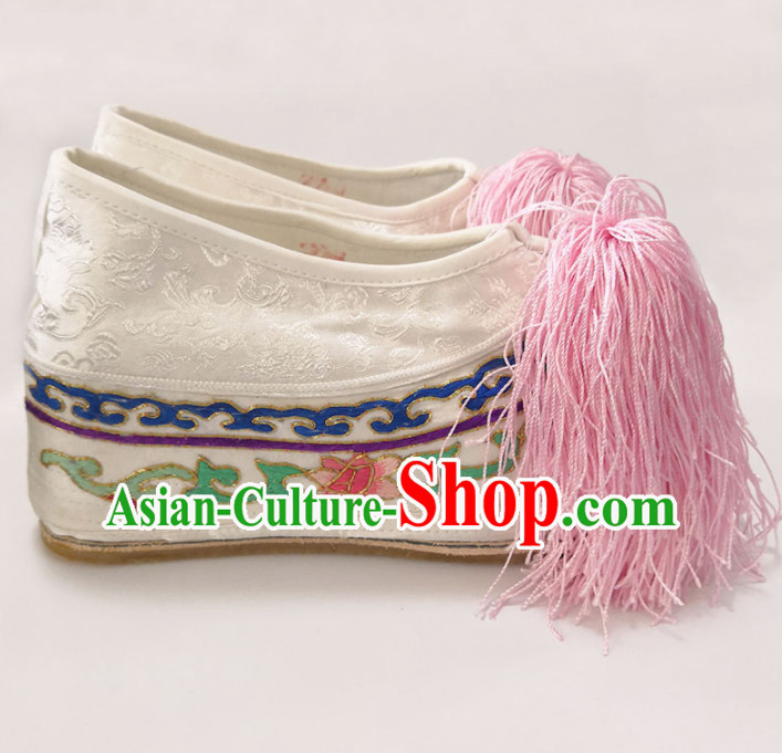 Chinese Traditional Beijing Opera Diva Shoes Ancient Princess White Embroidered Shoes for Women