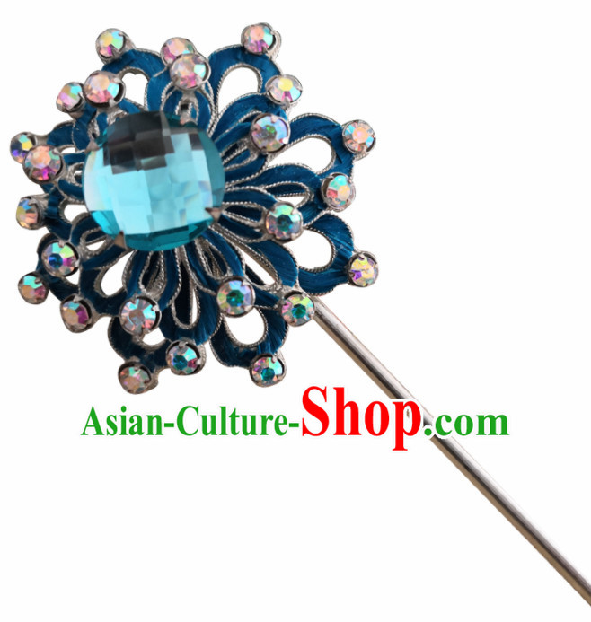 Chinese Ancient Queen Blue Crystal Hairpins Traditional Beijing Opera Diva Hair Accessories for Adults