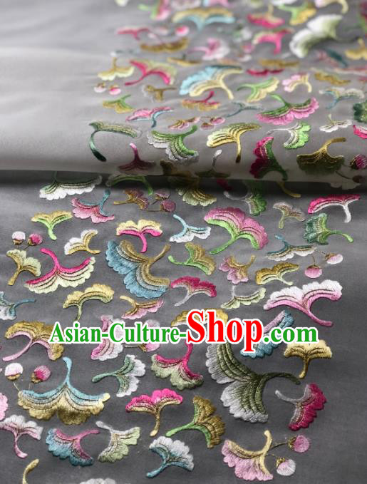 Traditional Chinese Satin Classical Embroidered Ginkgo Pattern Design White Brocade Fabric Asian Silk Fabric Material
