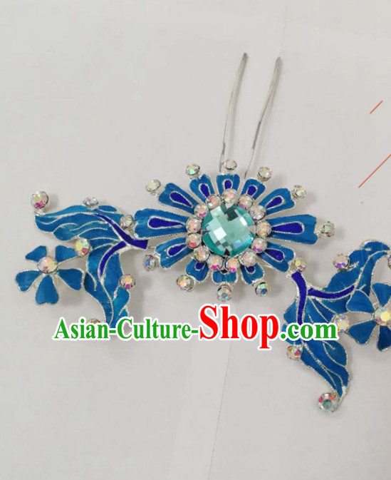 Chinese Traditional Beijing Opera Diva Hair Accessories Ancient Queen Blue Flower Hairpins for Women