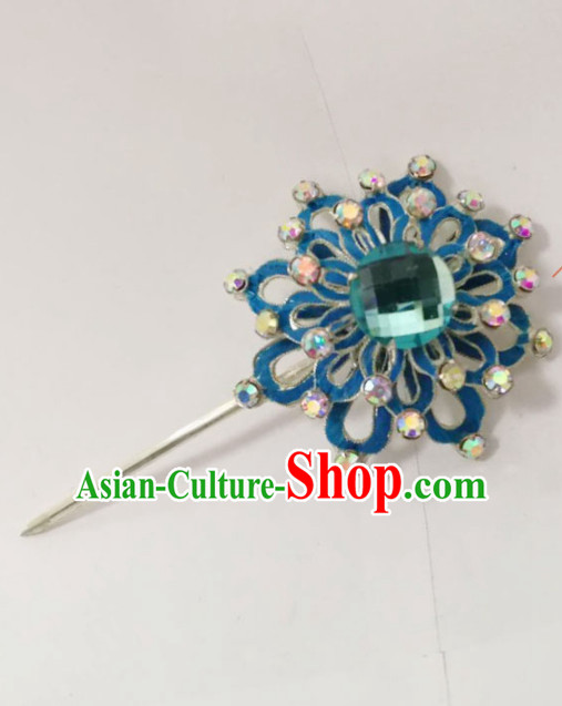 Chinese Traditional Beijing Opera Hair Accessories Ancient Queen Blue Crystal Flower Hairpins for Women