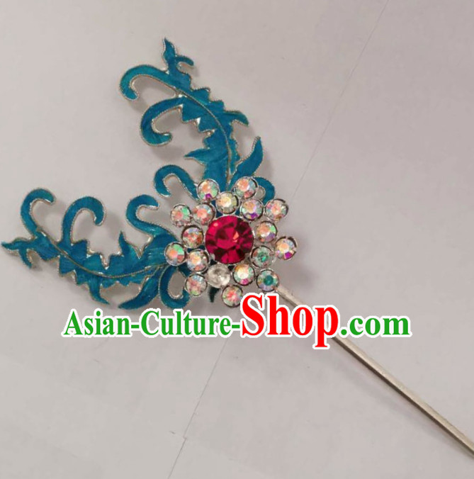 Chinese Ancient Queen Blue Grass Hairpins Traditional Beijing Opera Hair Accessories for Women