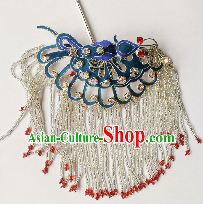 Chinese Ancient Queen Tassel Blueing Hairpins Traditional Beijing Opera Diva Hair Accessories for Adults