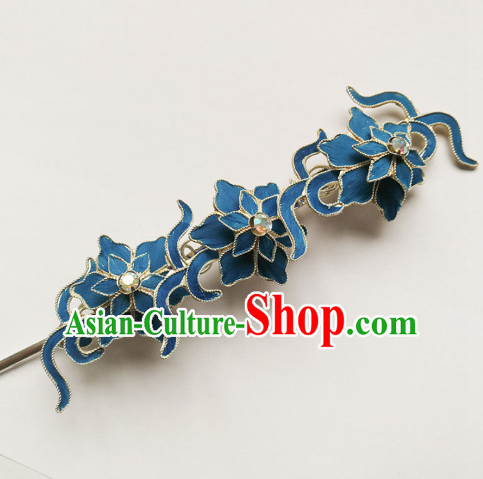 Chinese Ancient Queen Blue Flowers Hairpins Traditional Beijing Opera Diva Hair Accessories for Adults