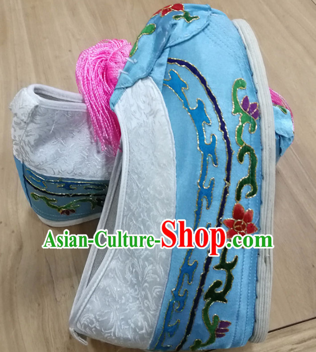 Chinese Traditional Beijing Opera Diva Blue Satin Shoes Ancient Princess Hanfu Embroidered Shoes for Adults