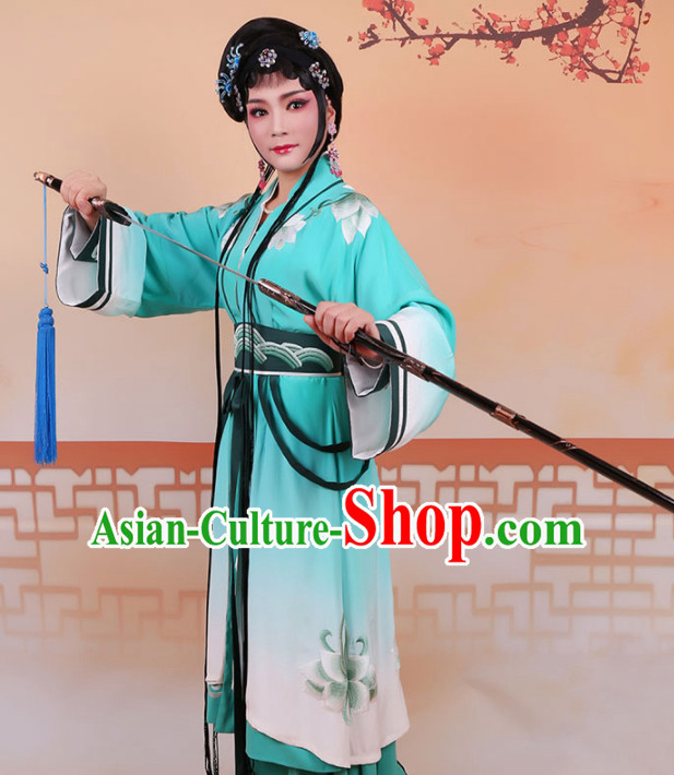 Traditional Chinese Peking Opera Diva Swordplay Green Dress Ancient Female Knight Embroidered Costume for Women