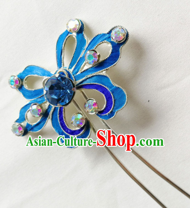 Chinese Ancient Court Princess Blue Crystal Hairpins Traditional Beijing Opera Diva Hair Accessories for Adults
