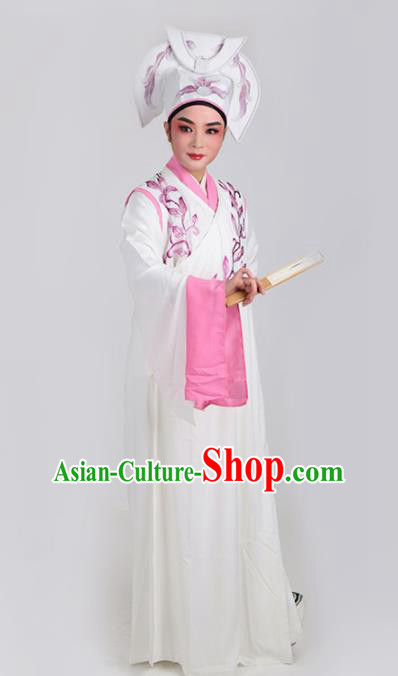 Chinese Traditional Beijing Opera Niche White Robe Ancient Scholar Nobility Childe Embroidered Costume for Men