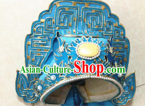 Chinese Ancient Prince Blue Hat Traditional Beijing Opera Niche Headwear Hair Accessories for Adults