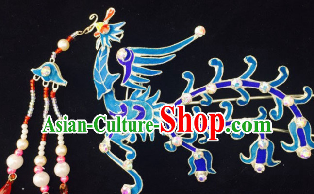 Chinese Ancient Court Princess Blue Phoenix Tassel Hairpins Traditional Beijing Opera Diva Hair Accessories for Adults