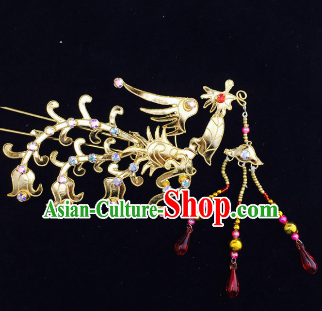 Chinese Ancient Court Princess Golden Phoenix Tassel Hairpins Traditional Beijing Opera Diva Hair Accessories for Adults