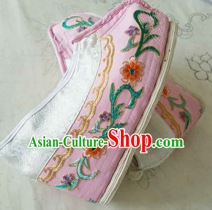 Chinese Ancient Princess Hanfu Embroidered Shoes Traditional Beijing Opera Diva Pink Blood Stained Shoes for Adults