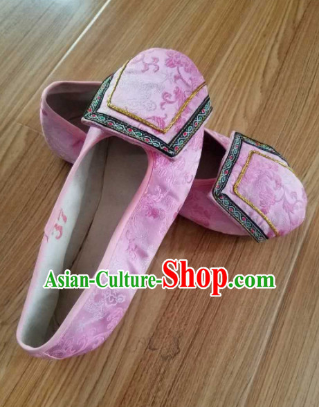 Chinese Ancient Princess Hanfu Embroidered Shoes Traditional Beijing Opera Diva Pink Satin Shoes for Adults