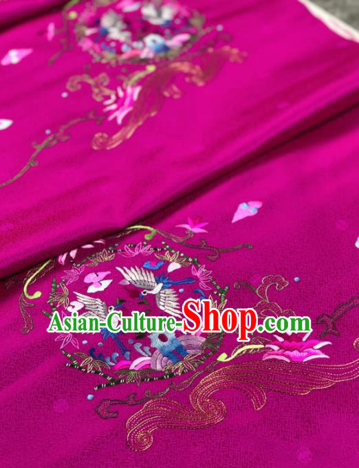 Traditional Chinese Rosy Silk Fabric Classical Embroidered Cranes Pattern Design Brocade Fabric Asian Satin Material