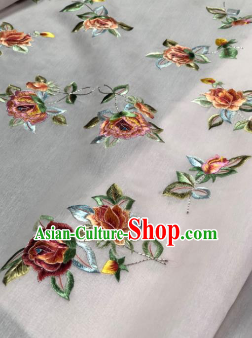 Traditional Chinese White Silk Fabric Classical Embroidered Peony Pattern Design Brocade Fabric Asian Satin Material