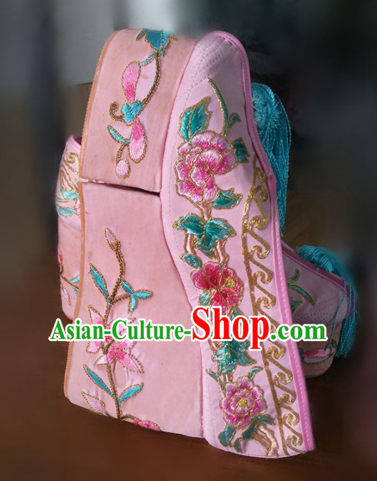 Chinese Traditional Beijing Opera Diva Pink Shoes Ancient Princess Hanfu Embroidered Shoes for Adults