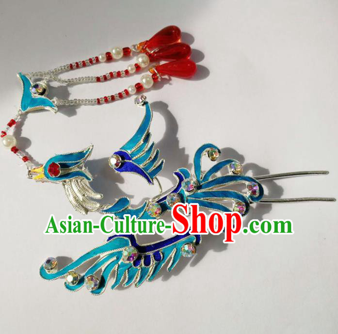 Chinese Ancient Princess Hairpins Phoenix Tassel Hair Clip Traditional Beijing Opera Diva Headwear Hair Accessories for Adults