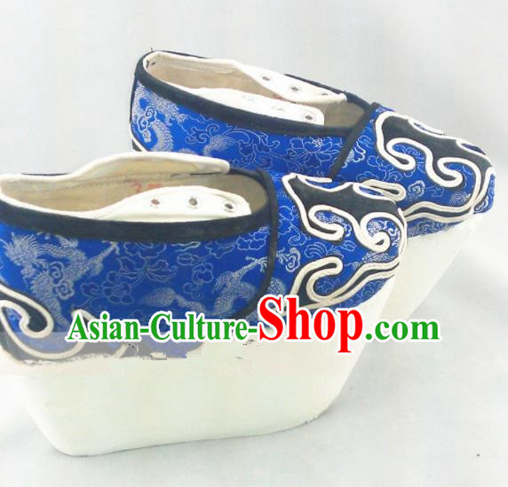 Chinese Ancient Prince Hanfu Blue Satin Shoes Traditional Beijing Opera Niche Embroidered Shoes for Adults