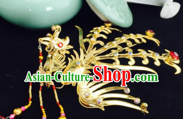 Chinese Ancient Palace Princess Golden Phoenix Hairpins Traditional Beijing Opera Diva Headwear Hair Accessories for Adults