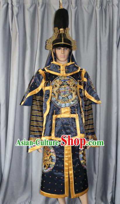 Chinese Traditional Costume Ancient Qing Dynasty Manchu General Helmet and Body Armour for Men