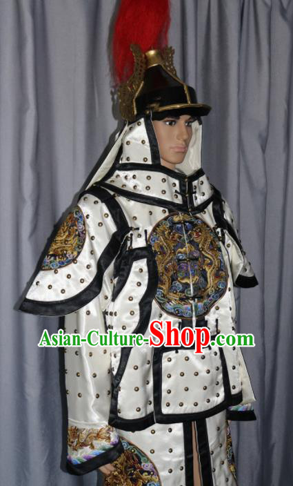 Chinese Traditional White Costume Ancient Qing Dynasty Manchu General Helmet and Body Armour for Men