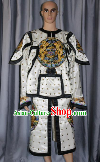 Chinese Traditional White Costume Ancient Qing Dynasty Manchu General Helmet and Body Armour for Men