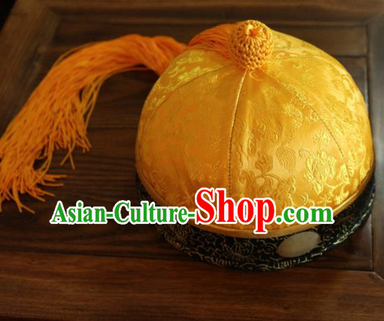 Chinese Ancient Drama Emperor Yellow Hat Traditional Qing Dynasty Manchu Headwear for Men