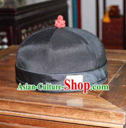 Chinese Ancient Drama Emperor Black Hat Traditional Qing Dynasty Manchu Headwear for Men