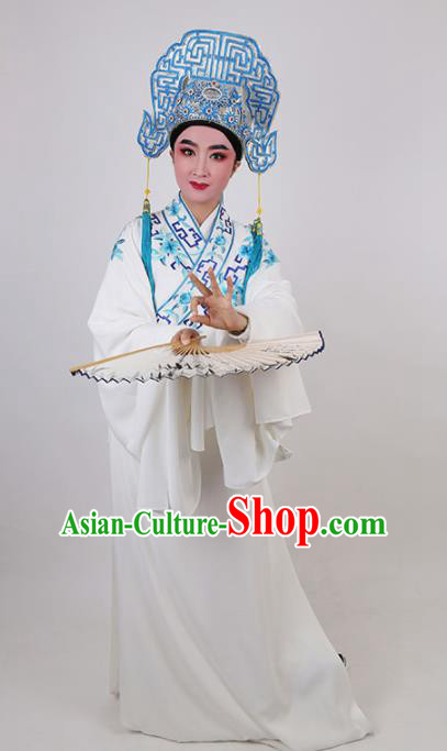 Chinese Traditional Beijing Opera Niche White Robe Ancient Scholar Nobility Childe Embroidered Costume for Men