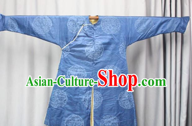 Chinese Traditional Drama Manchu Costume Ancient Qing Dynasty Emperor Blue Robe for Men